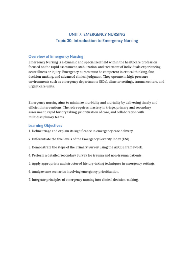 Introduction to Emergency Nursing Essentials | PDF | Major Trauma | Nursing