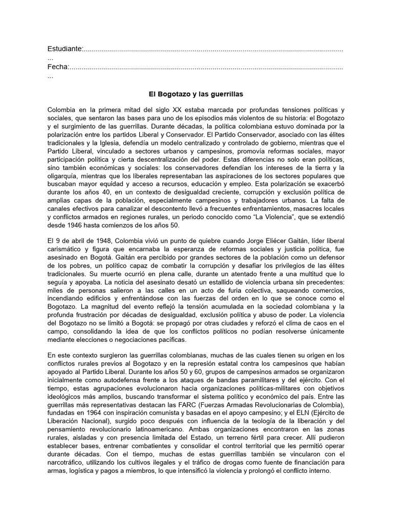 Bogotazo y el Surgimiento de Guerrillas en Colombia | PDF | Guerra de ...