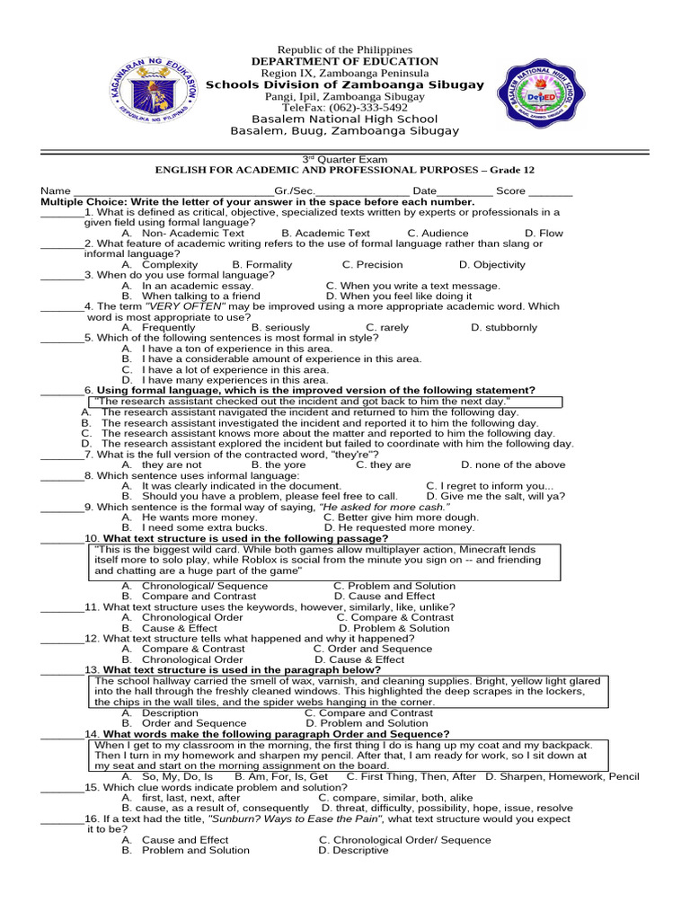 Grade 12 EAPP 3rd Quarter Exam | PDF