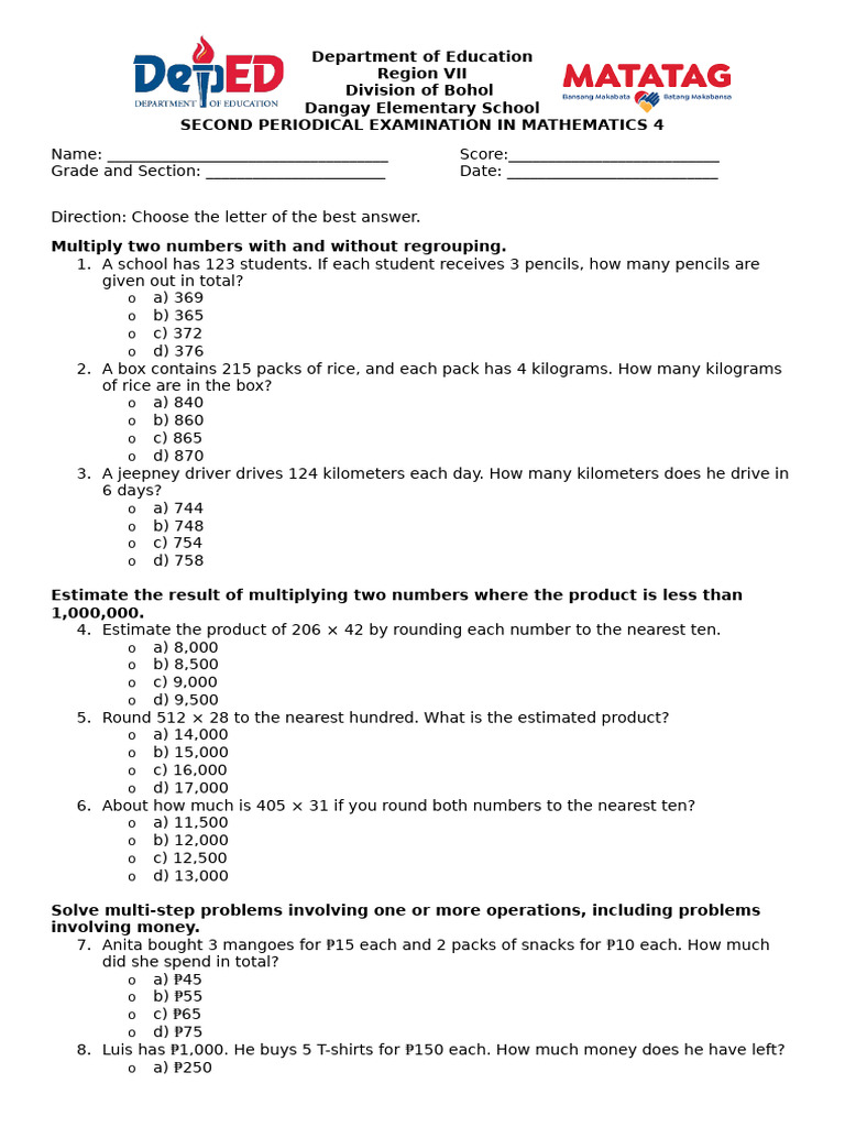 Math 4 Second Periodical Exam Guide | PDF | Mathematics | Arithmetic