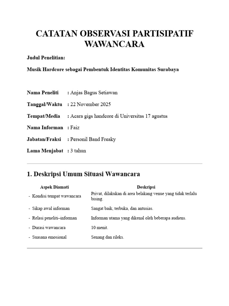 Catatan Observasi Partisipatif Wawancara - Anjas | PDF