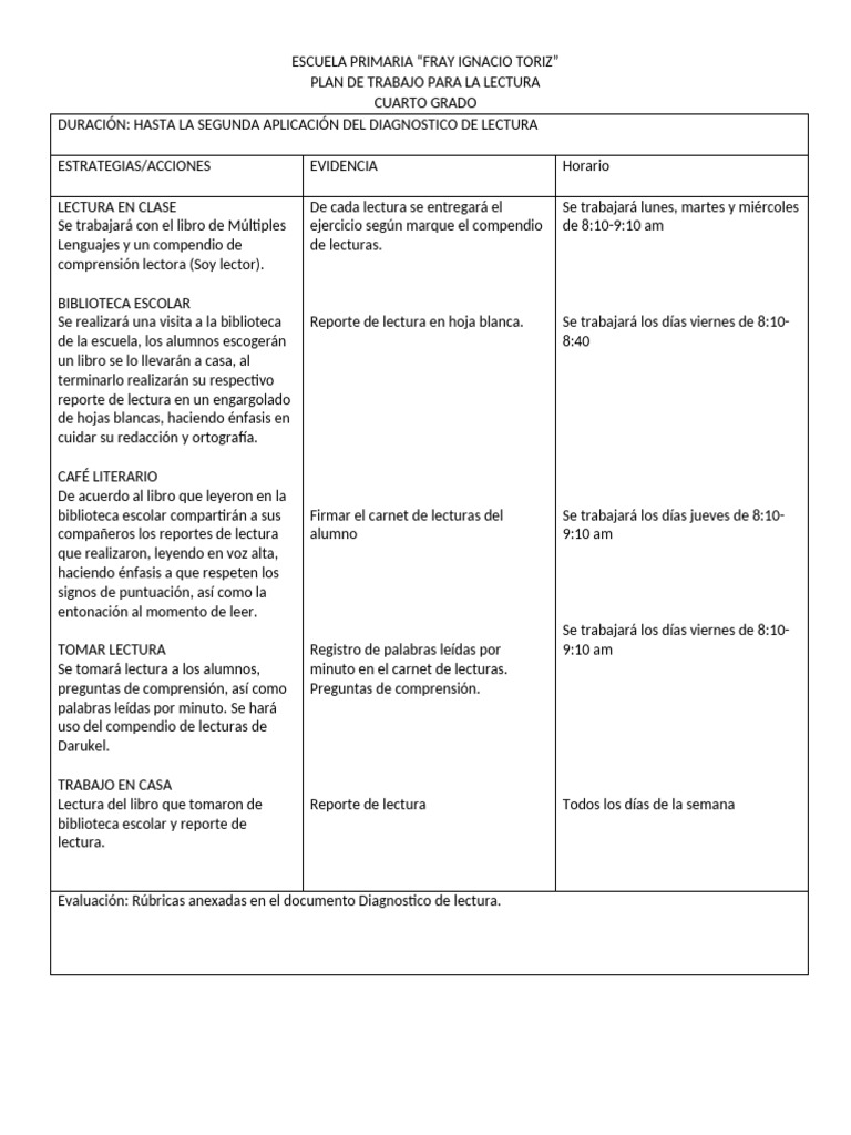 Plan de Lectura para Cuarto Grado | PDF