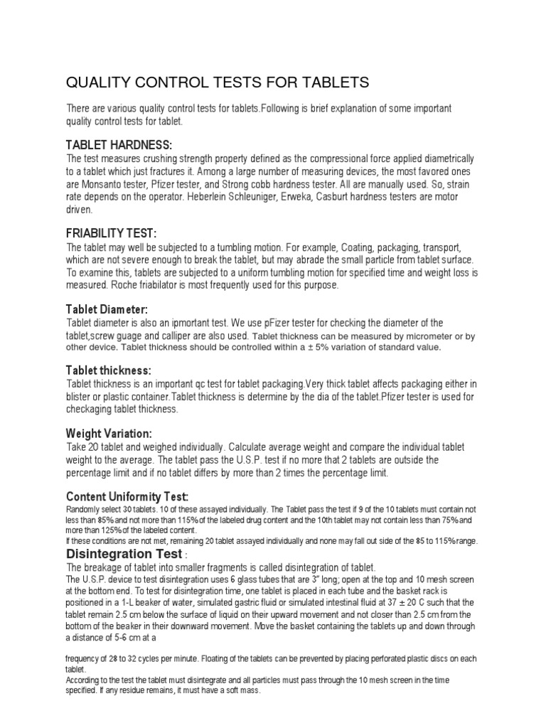 Quality Control Tests For Tablets PDF Tablet (Pharmacy) Weight