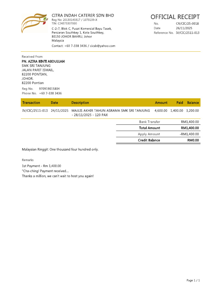 Official Receipt CR Cic 25 0018 Majlis SMK Sri Tanjung 28-11-2025 | PDF