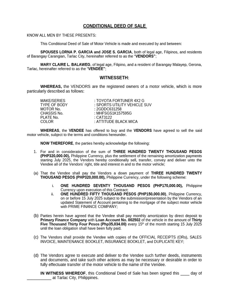 Conditional Deed of Sale of Motor Vehicle Ate Cleng | PDF | Private Law