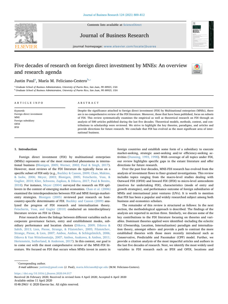 Five Decades of Research on Foreign Direct Investment 2021 Journal of ...