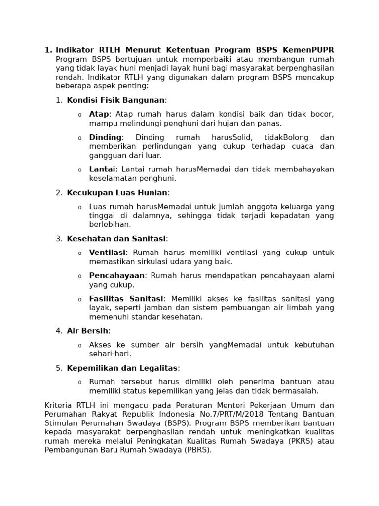 Indikator RTLH untuk Program BSPS dan Kriteria | PDF