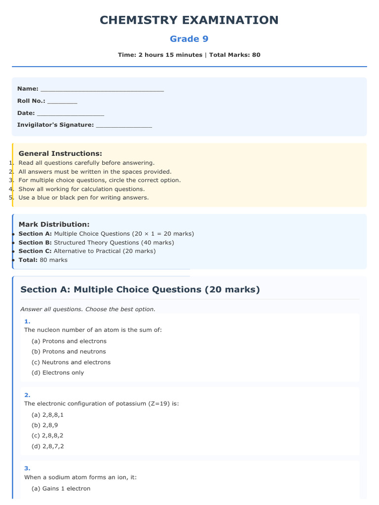 Grade 9 Chemistry Exam Paper | PDF | Chemical Bond | Ion