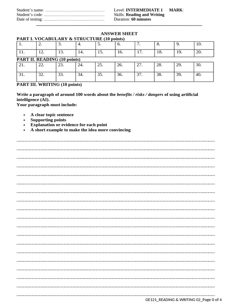 Intermediate Reading & Writing Test | PDF | Extraction Of Petroleum ...