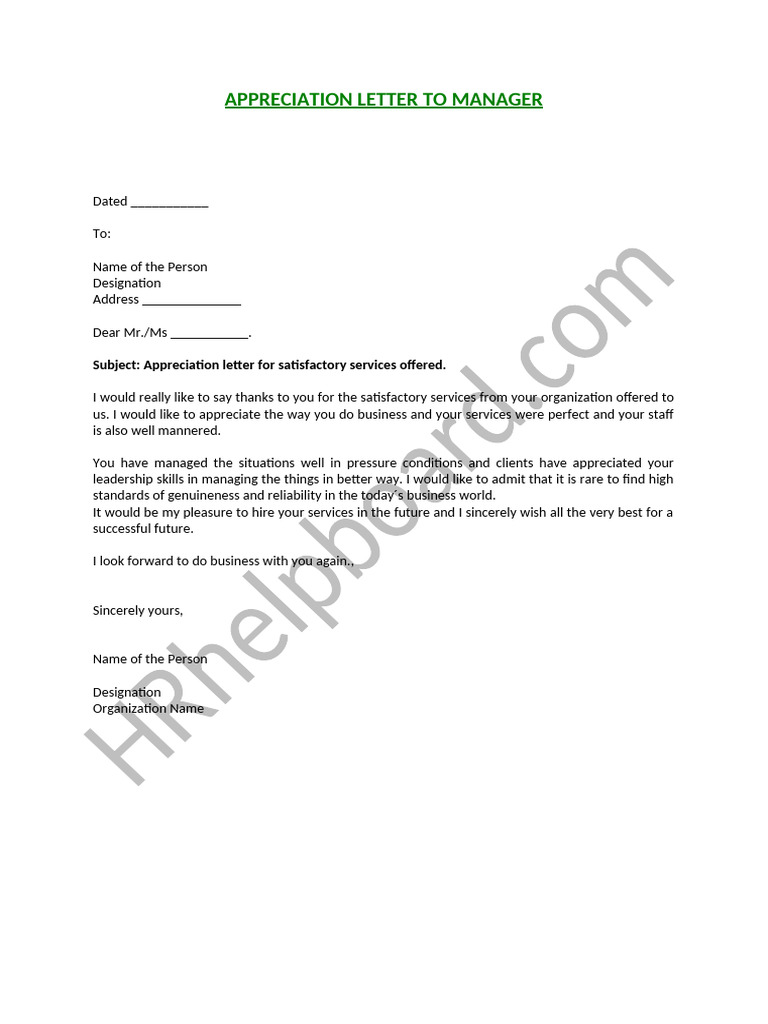 Appreciation Letter to Manager | PDF