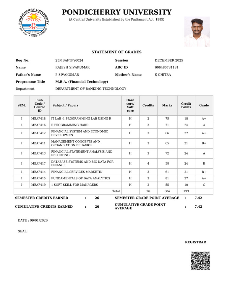 Pondicherry University MBA Grade Report | PDF | Information Science ...