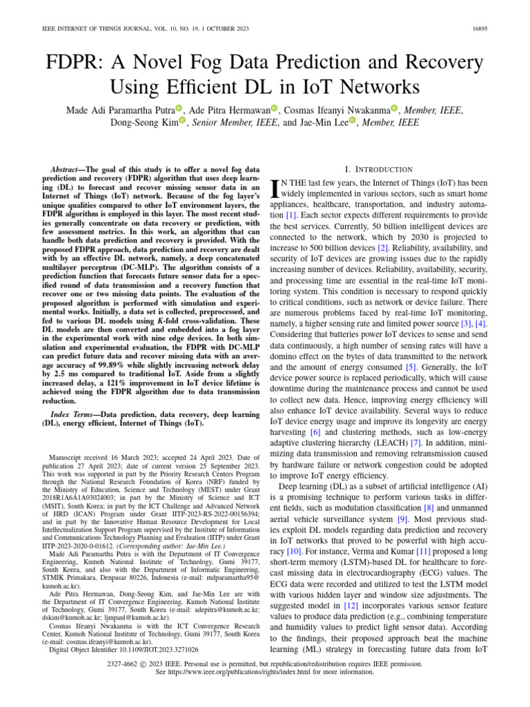 FDPR a Novel Fog Data Prediction and Recovery Using Efficient DL in IoT ...
