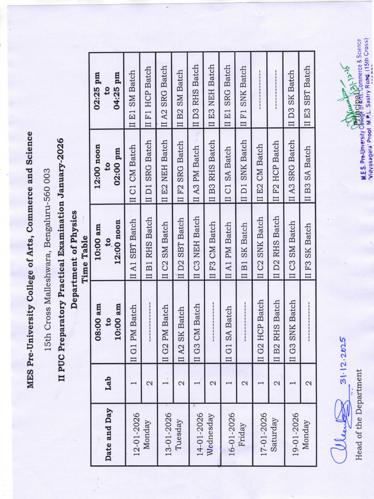 II Puc Practical Preparatory Time Table Jan 2026 Pcme | PDF