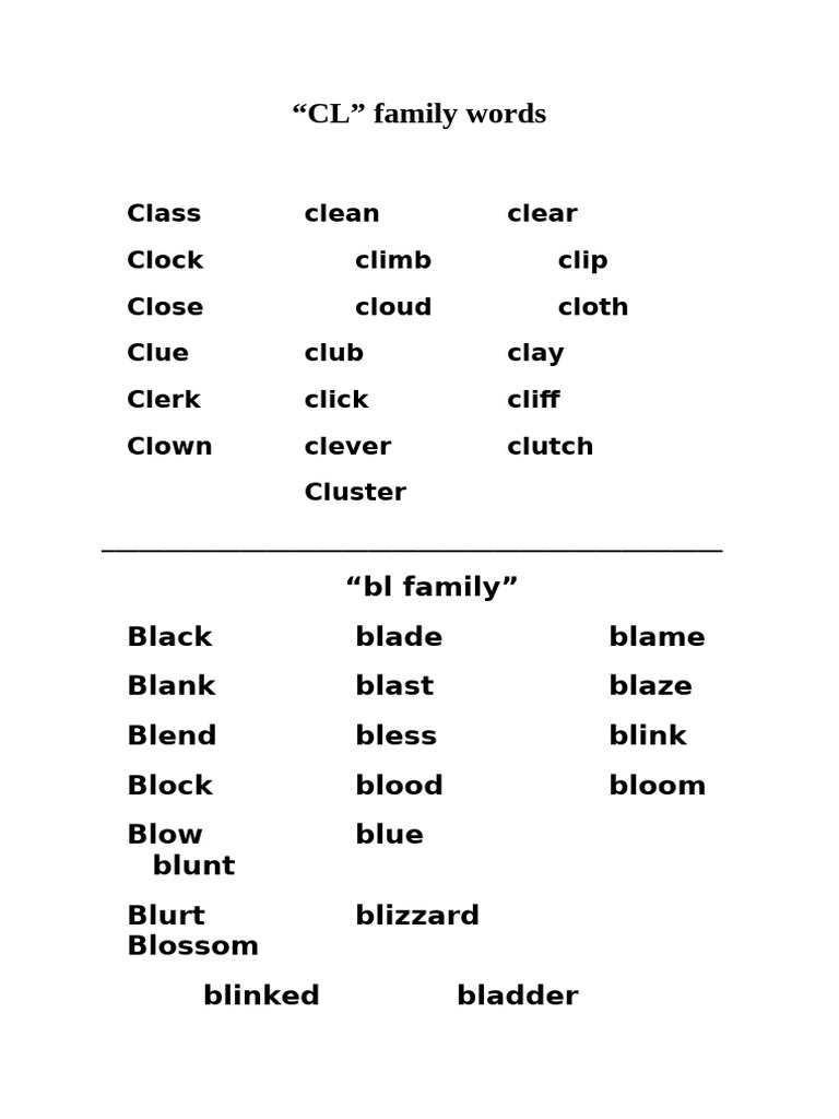 CL and BL Family Words List | PDF