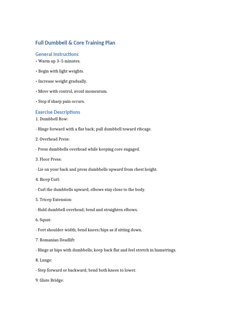 Dumbbell & Core Workout Plan Guide | PDF