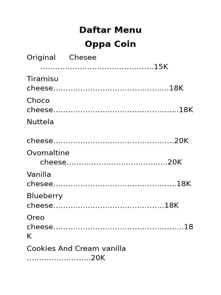 Daftar Menu Oppa Coin | PDF