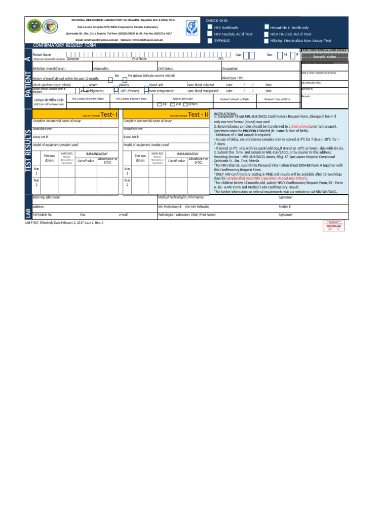 HIV/AIDS & STI Confirmatory Request Form | PDF | Medical Specialties ...