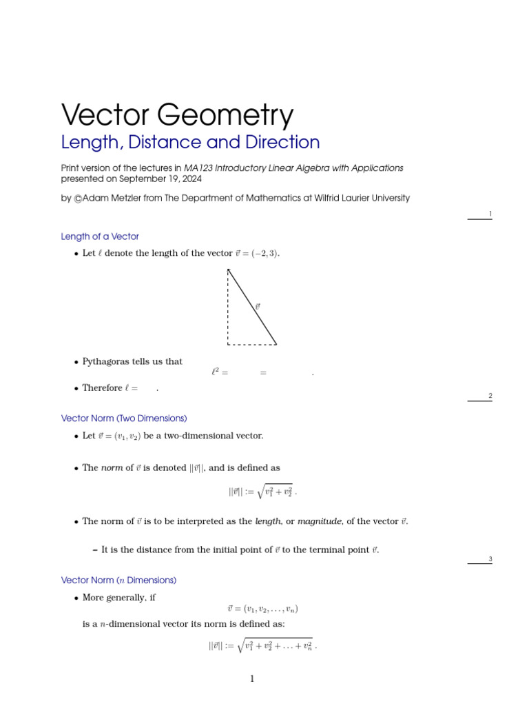 Vector Geometry: Length and Distance | PDF | Vector Space | Norm ...