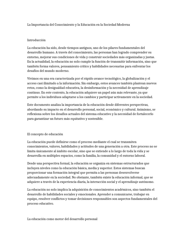 Importancia de la Educación en la Sociedad | PDF | Sociedad | Aprendizaje