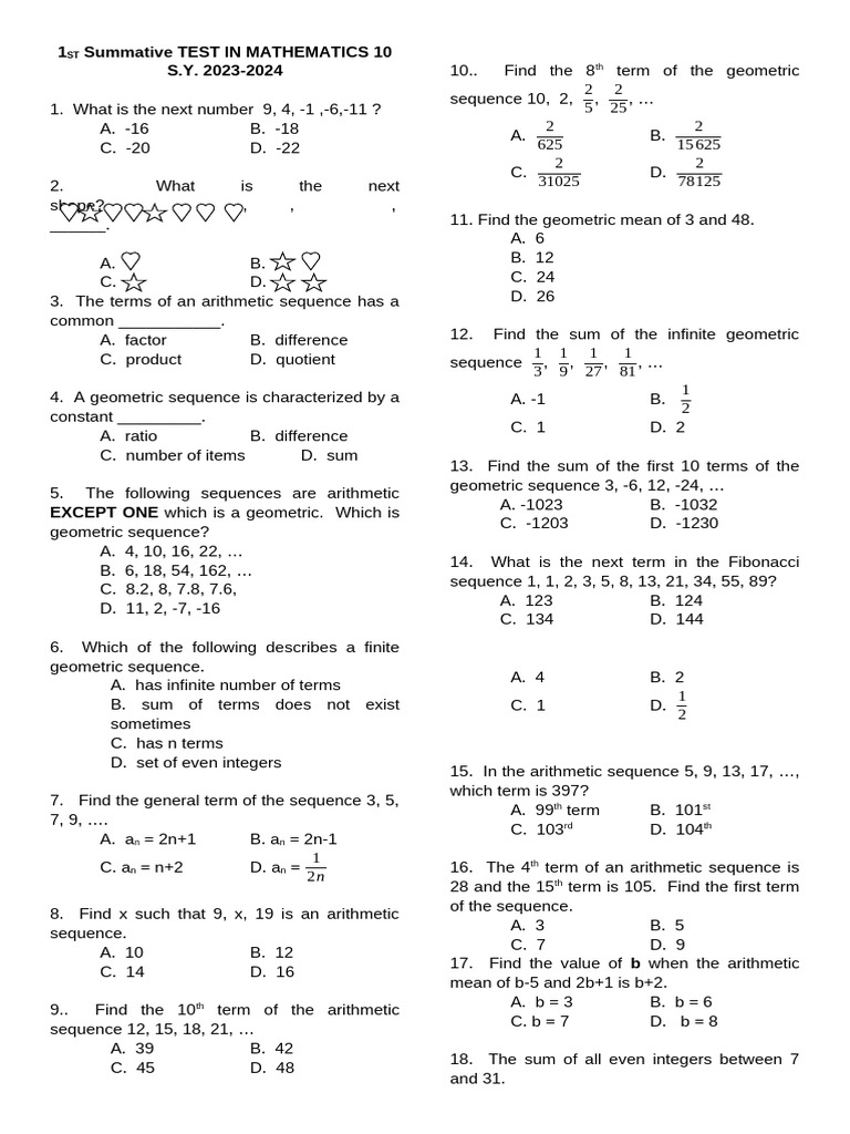 Math 10 Summative Test Questions | PDF | Sequence | Summation