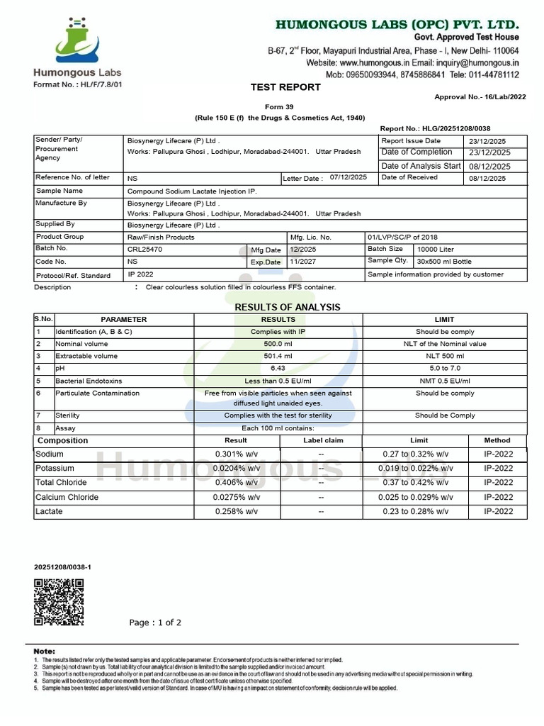 Compound Sodium Lactate Injection Test Report | PDF