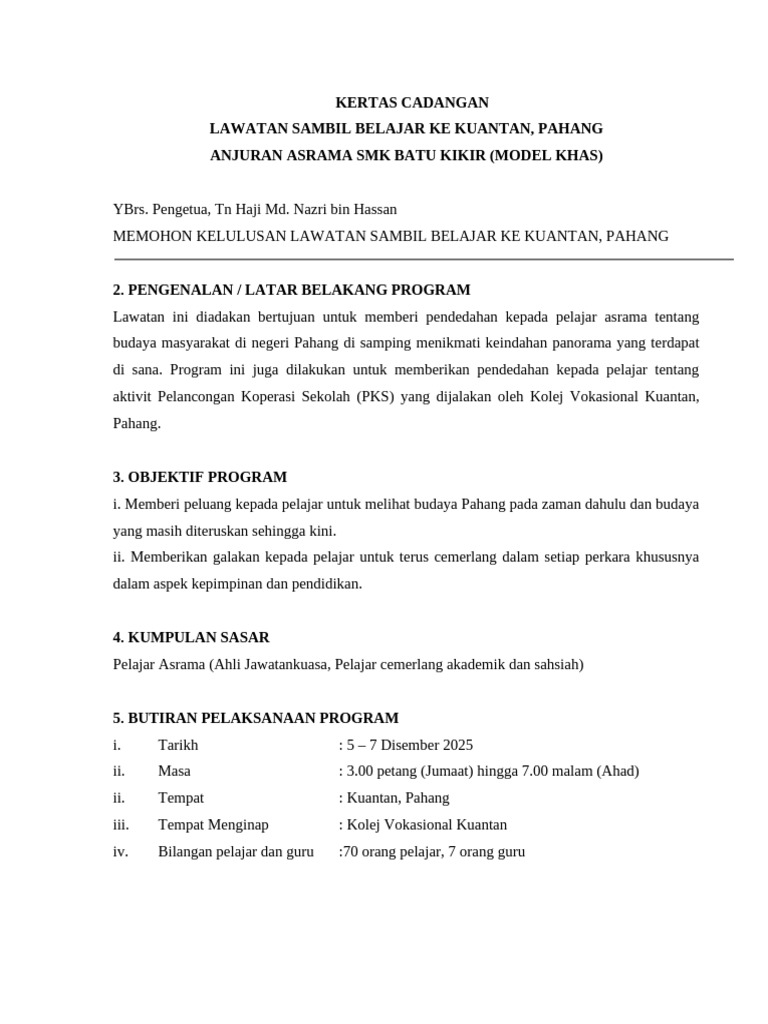 Kertas Kerja Program Lawatan Asrama 2025 | PDF
