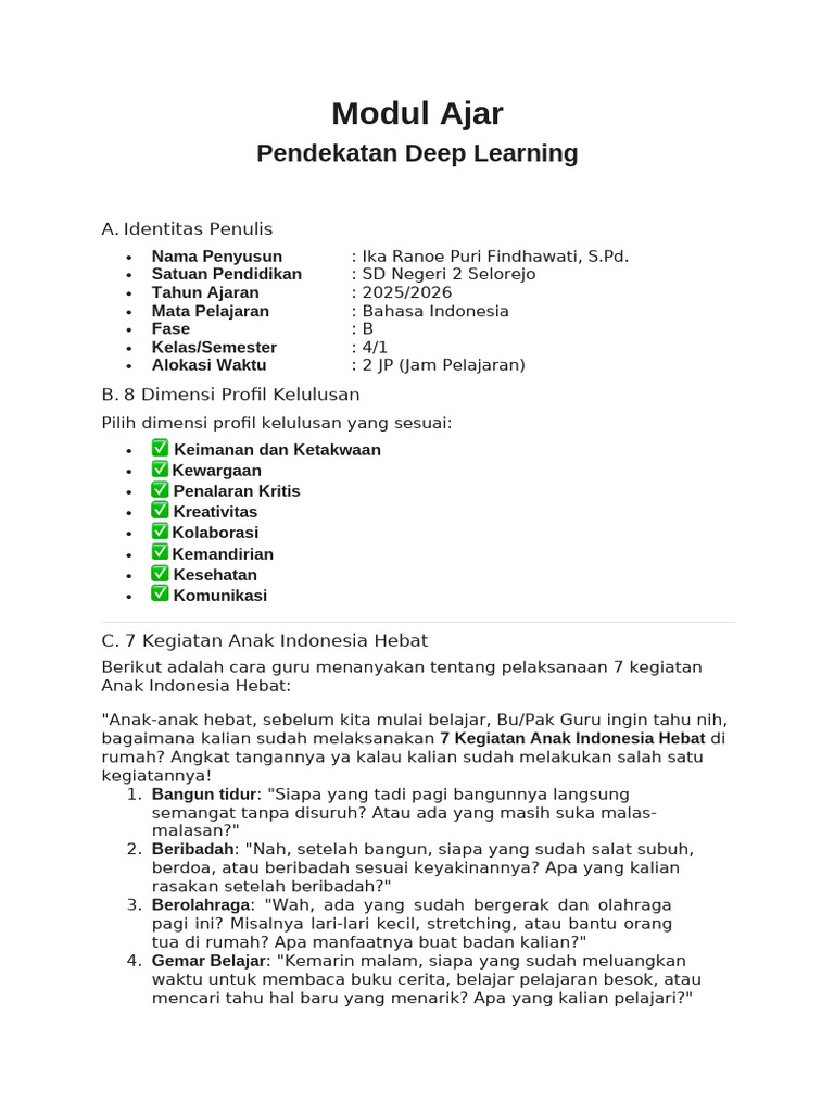 Modul Ajar Deep Learning Kelas 4 SD | PDF