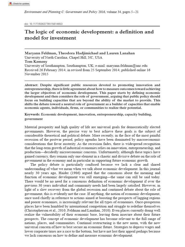 Feldman Et Al 2015 the Logic of Economic Development a Definition and ...
