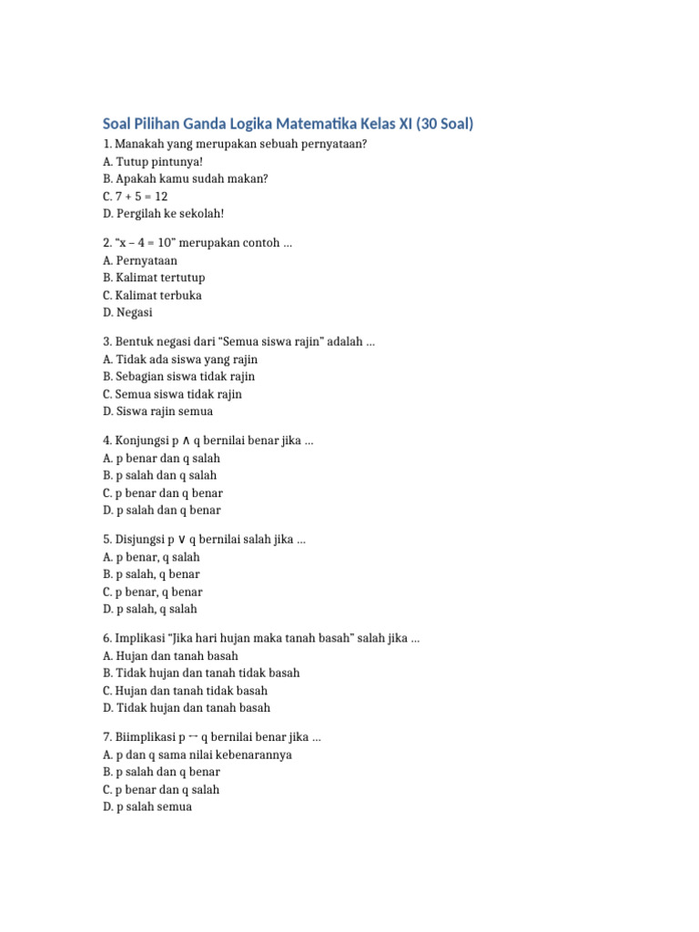 Soal Logika Matematika Kelas XI | PDF