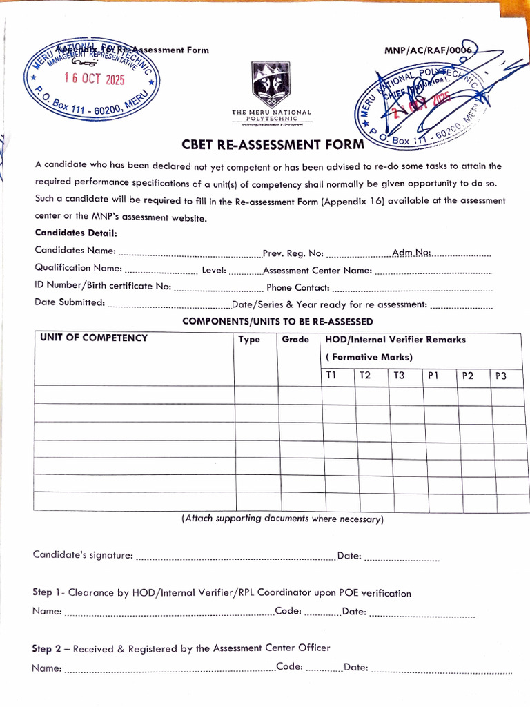 MERU Polytechnic Re-Assessment Form | PDF