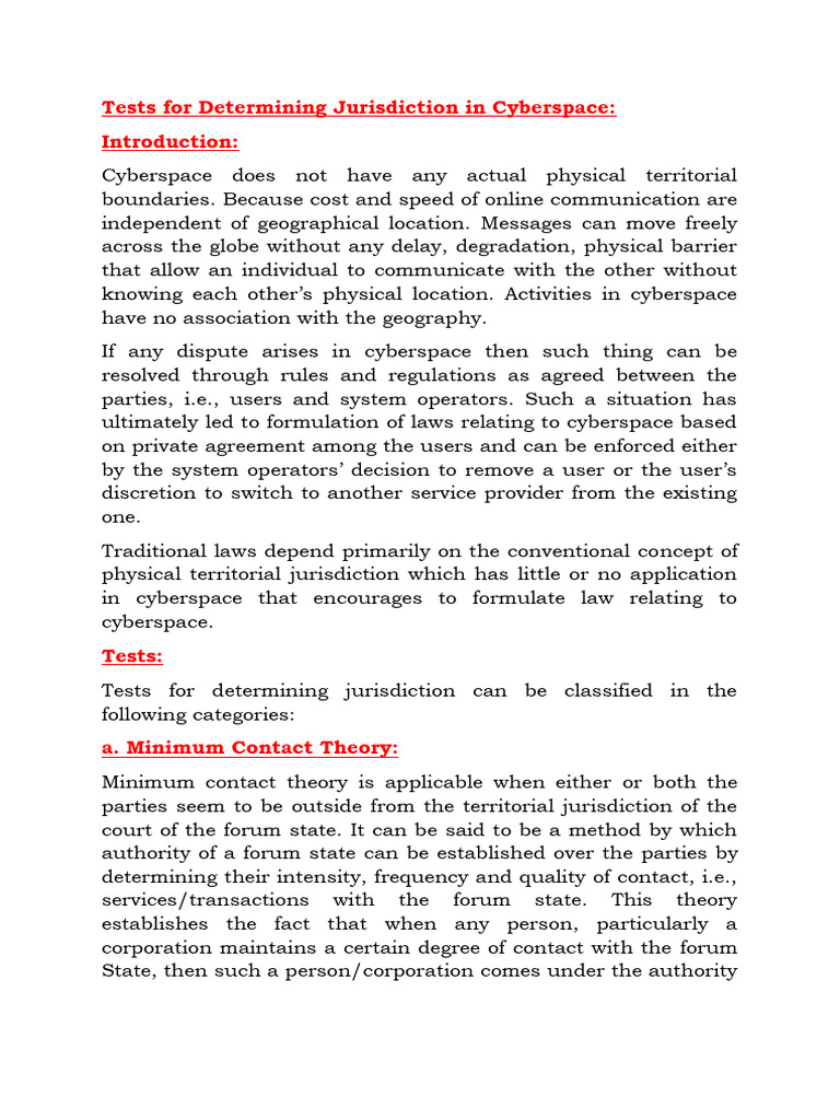 Jurisdiction Tests in Cyberspace Law | PDF | Minimum Contacts ...