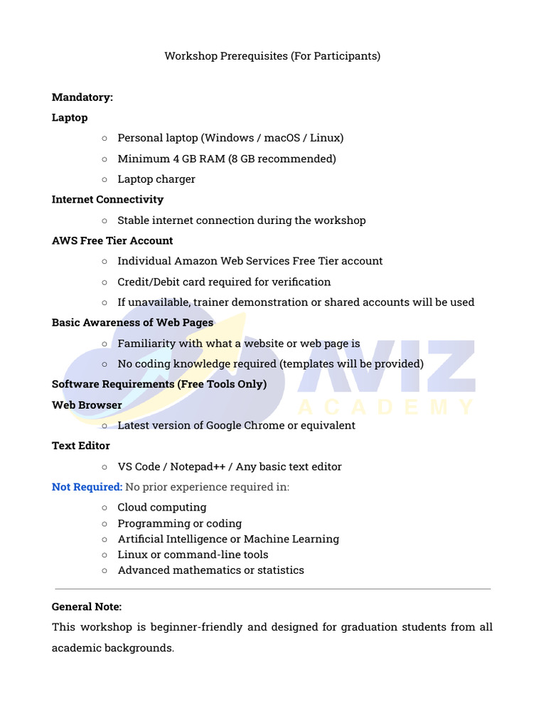 Workshop Prerequisites for AWS Setup | PDF | Amazon Web Services ...