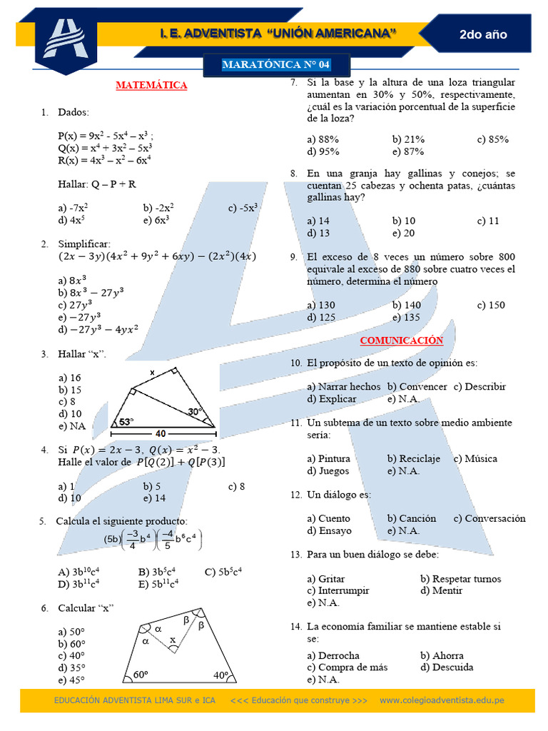 Ejercicios de Matemáticas y Comunicación 2do Año | PDF | Imperio Inca ...