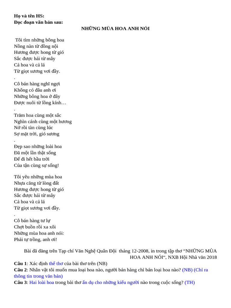 k10. Phiếu Đọc Hiểu 1 | PDF