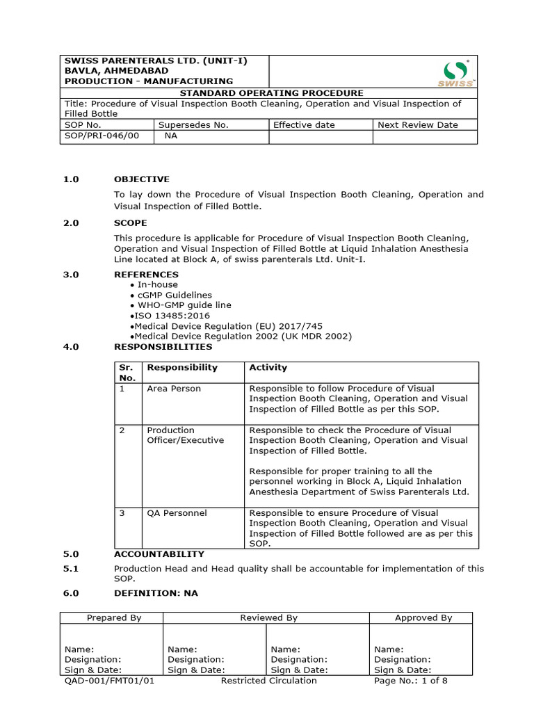 Visual Inspection Booth SOP | PDF