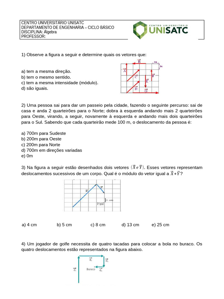 Exercícios de Vetores e Deslocamentos | PDF | Vetor euclidiano