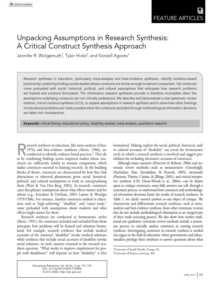 Wolgemuth Et Al 2017 Unpacking Assumptions in Research Synthesis a ...