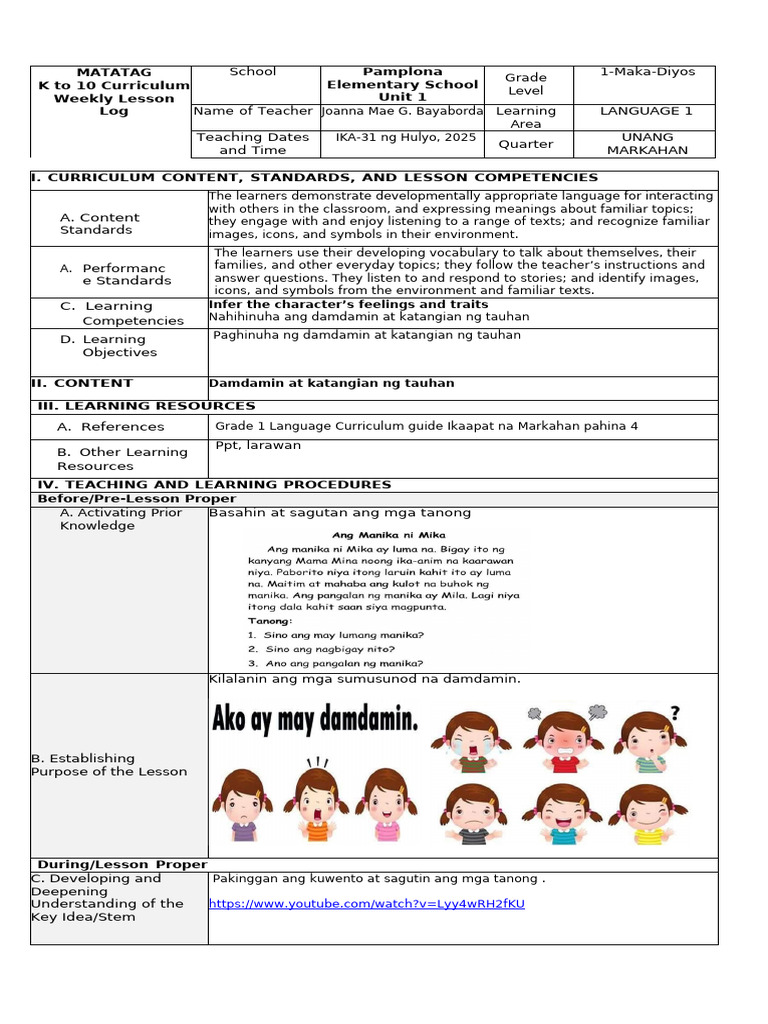 Grade 1 Weekly Lesson Log: Language & Math | PDF | Learning | Communication