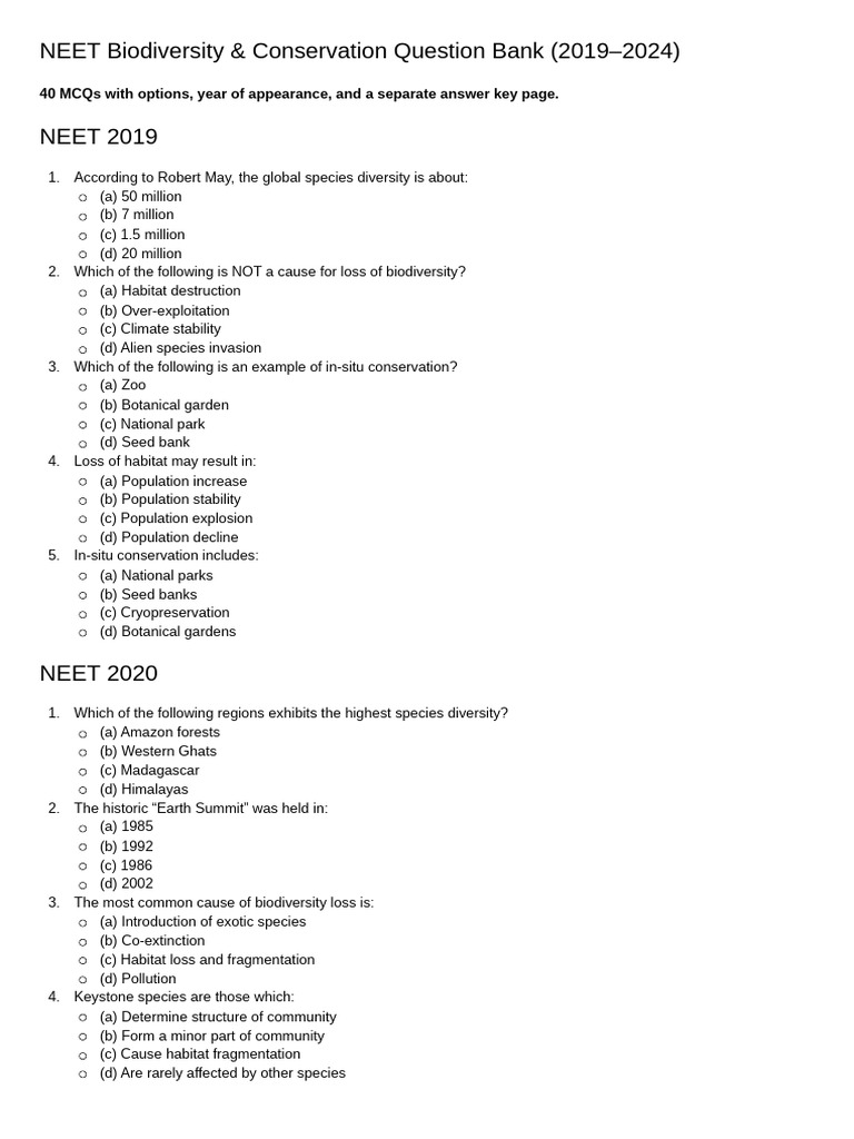 NEET Biodiversity Question Bank 2019-2024 | PDF | Conservation Biology ...