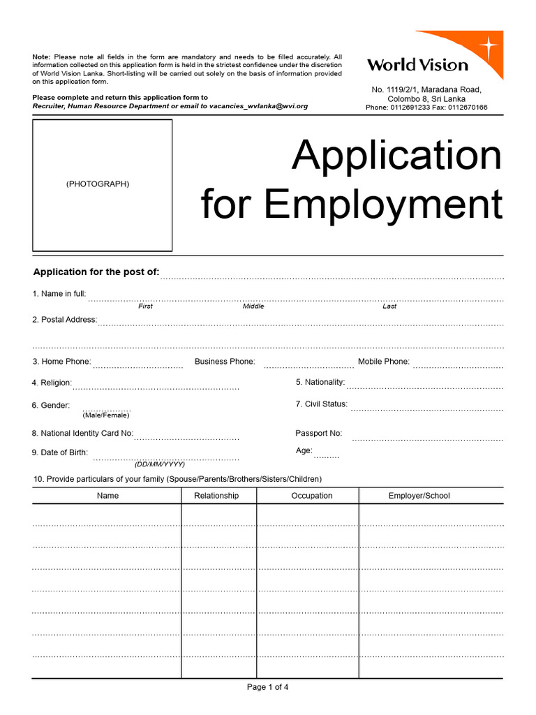 Employment Application Form for World Vision | PDF