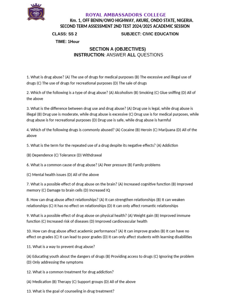2New sss2Civic Ed. test 2 | PDF | Substance Dependence | Recreational ...
