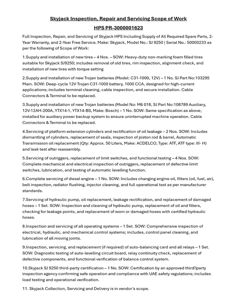 Skyjack Inspection-Repair-Servicing Scope of Work HPS PR-3000001623 ...