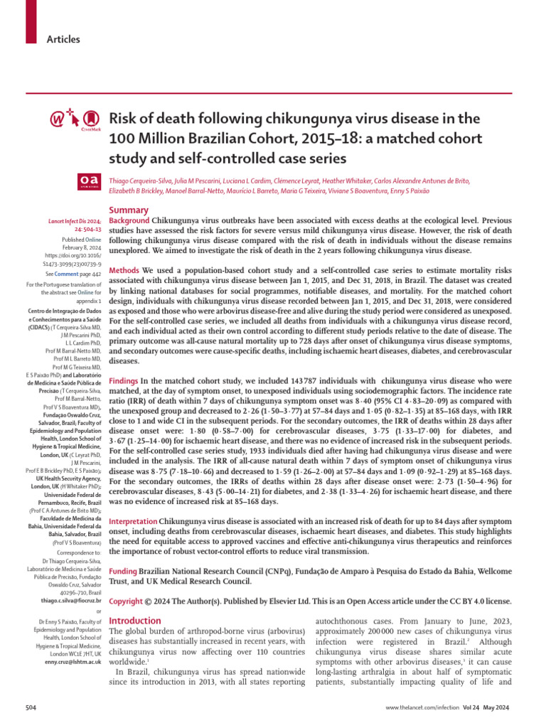 Risk of Death Following Chikungunya Virus Disease | PDF | Cohort Study ...
