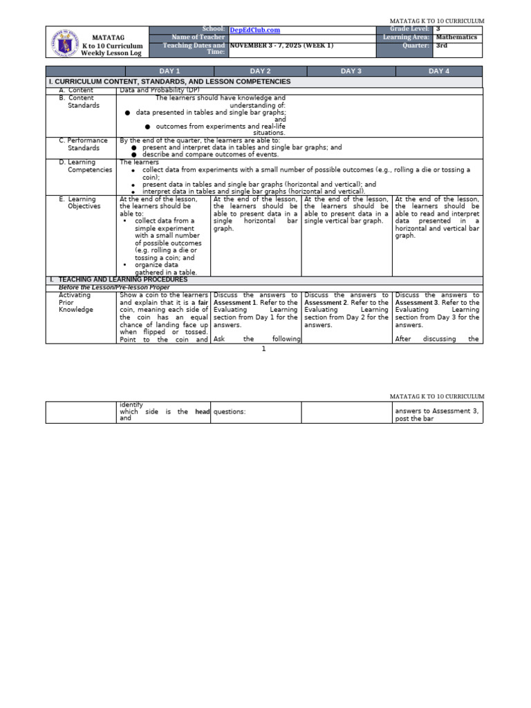DLL Matatag Math 3 q3 w1 | PDF | Educational Assessment | Cartesian ...
