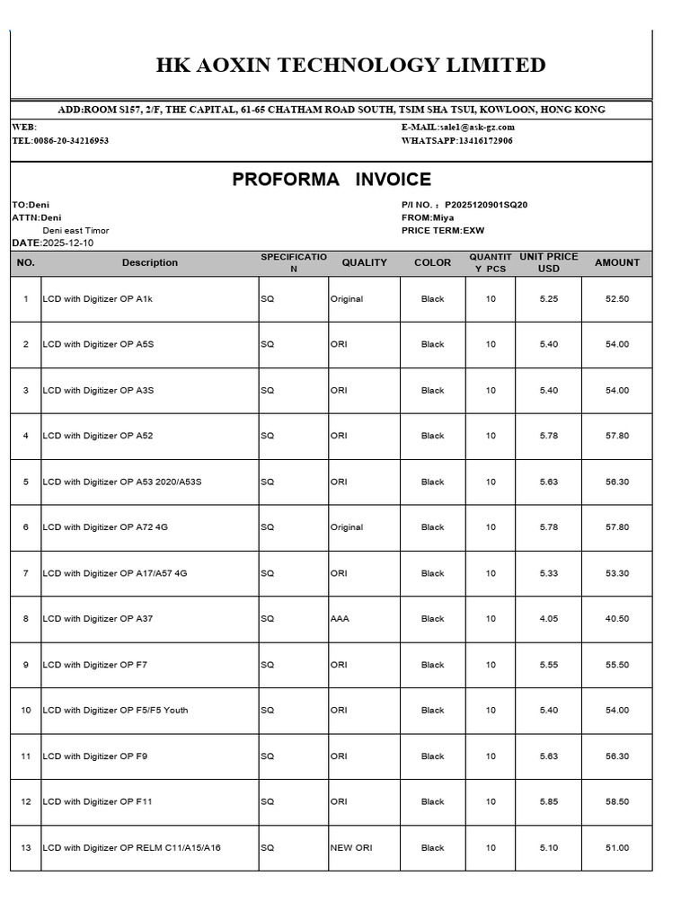 Proforma Invoice for LCD Digitizers | PDF