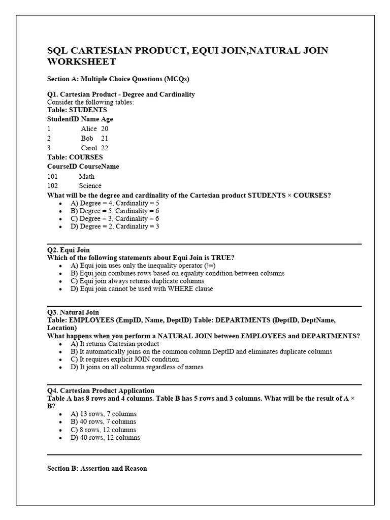 SQL Joins and Cartesian Product Worksheet | PDF | Databases | Sql