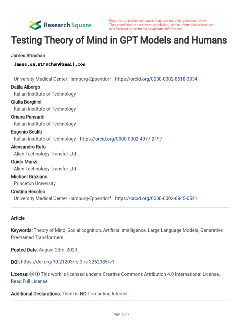GPT Models vs. Human Theory of Mind | PDF | Mind | Theory Of Mind
