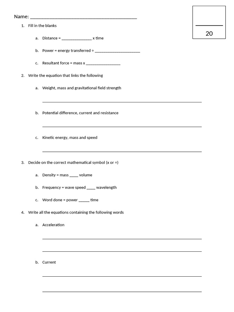 Physics Equations and Units Worksheet | PDF