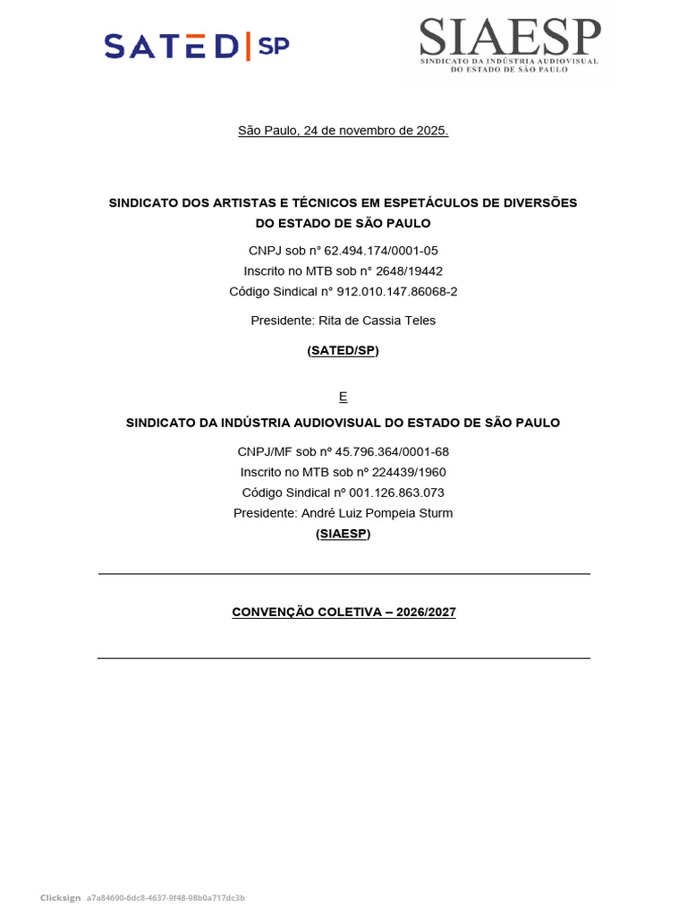 Convenção Coletiva SATED-SP 2026/2027 | PDF | Acordo coletivo | Sindicato