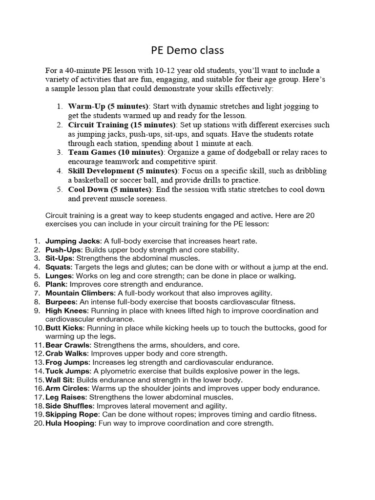 Engaging PE Lesson Plan for Kids | PDF | Physical Fitness | Endurance
